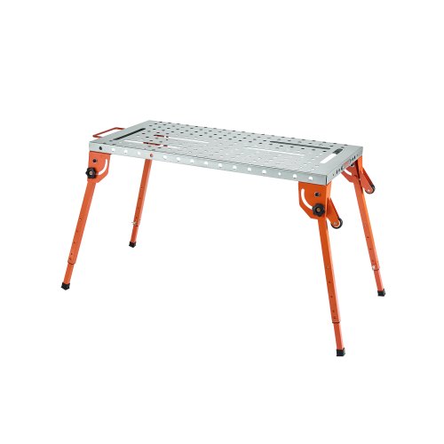 Hopfällbart svetsbord 102 cm x 51 cm, svetsarbetsbänk med kapacitet på 225 kg och justerbar höjd i 4 nivåer, arbetsbänk i kolstål med 6 verktygsspår och 0,63 cm fixturhål för reparation av svetsaggregat