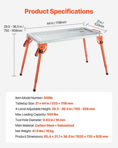 Hopfällbart svetsbord 102 cm x 51 cm, svetsarbetsbänk med kapacitet på 225 kg och justerbar höjd i 4 nivåer, arbetsbänk i kolstål med 6 verktygsspår och 0,63 cm fixturhål för reparation av svetsaggregat