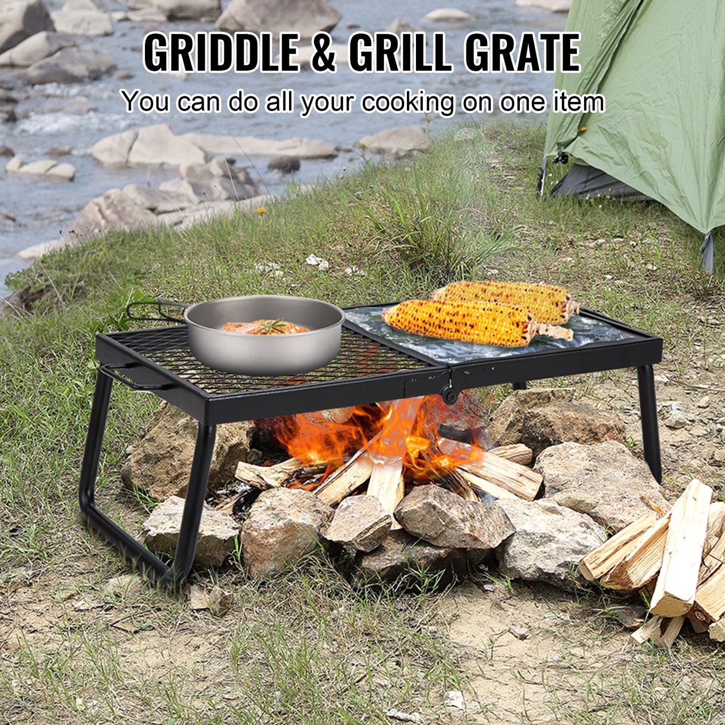 Hopfällbar lägereldsgrill, kraftigt stålgaller, 57 cm bärbara campinggaller över eldstaden, matlagningsutrustning för lägereld med ben, bärväska, grillställ för matlagning med öppen låga utomhus