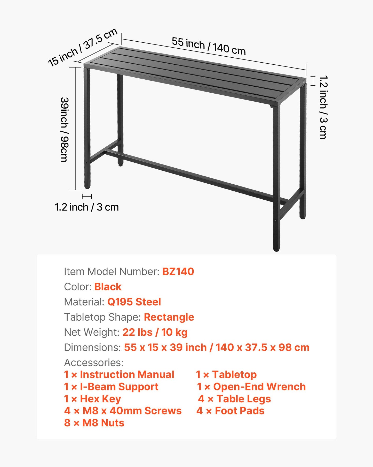 Barbord för utomhusbruk, 140 x 37,5 cm barbord för uteplats, vattentät bordsskiva och robust metallram, matbord i rektangulär bänkhöjd, utemöbler för balkong, trädgård, bubbelpool, pool, inomhusbruk
