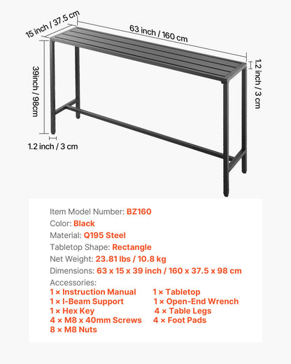 Barbord för utomhusbruk, 160 x 37,5 cm barbord för uteplats, vattentät bordsskiva och robust metallram, matbord i rektangulär bänkhöjd, utemöbler för balkong, trädgård, bubbelpool, pool, inomhusbruk