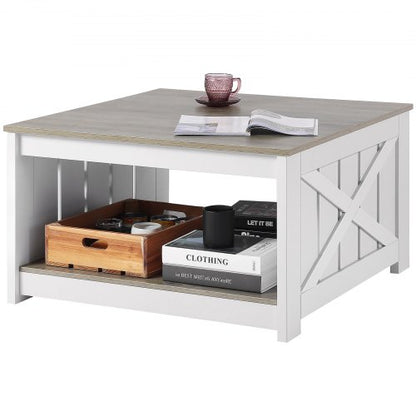 31,5" soffbord i lantlig stil, fyrkantigt soffbord med öppet förvaringsfack, rustikt cocktailbord i trä för vardagsrum, sovrum, lägenhet, studio, grått och vitt