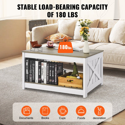 31,5" soffbord i lantlig stil, fyrkantigt soffbord med öppet förvaringsfack, rustikt cocktailbord i trä för vardagsrum, sovrum, lägenhet, studio, grått och vitt
