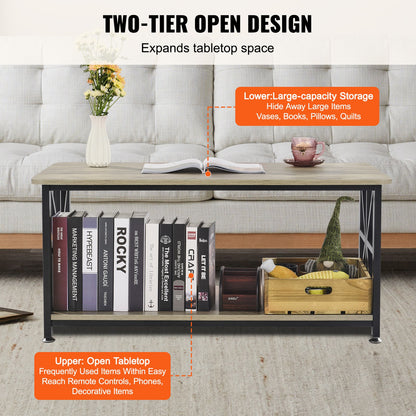 40" soffbord i lantlig stil, rektangulärt soffbord med öppet förvaringsfack, rustikt cocktailbord i trä för vardagsrum, sovrum, lägenhet, studio, brunt och svart