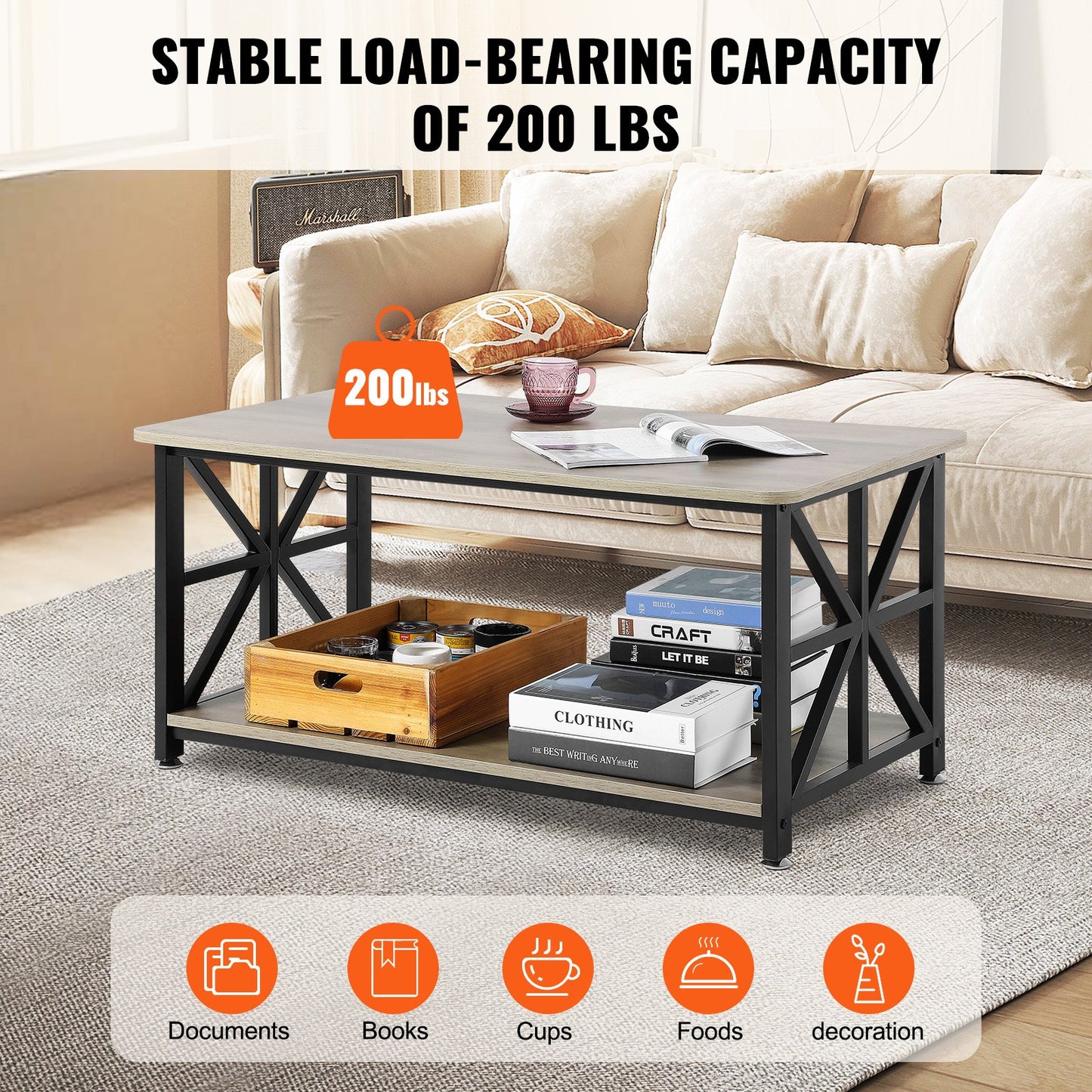 40" soffbord i lantlig stil, rektangulärt soffbord med öppet förvaringsfack, rustikt cocktailbord i trä för vardagsrum, sovrum, lägenhet, studio, brunt och svart