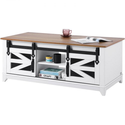 112 cm soffbord i lantlig stil, rektangulärt soffbord med 2 skjutbara ladugårdsdörrar, rustikt träbord i 2 nivåer med avtagbara hyllor för vardagsrum, sovrum, lägenhet eller studio, vitt och naturfärgat