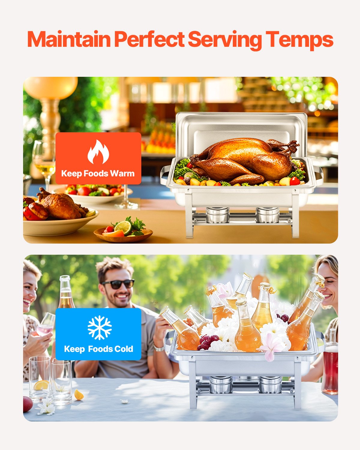 Varmdiskbufféset, 8 liter, 2-pack, rostfritt stål med 2 fullstora stekpannor, rektangulär cateringvärmare med lock, vattenkastrullställ, bränslehållare, för bröllop, fester, banketter, silver