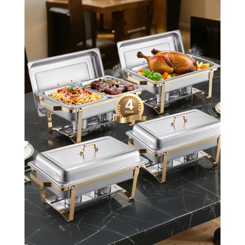 Varmdiskbufféset, 8 liter, 4-pack, rostfritt stålvärmare med 2 fullstora och 4 halvstora kastruller, rektangulär cateringvärmare med lock, vattenkastrullställ, för bröllop, fester, banketter, guld