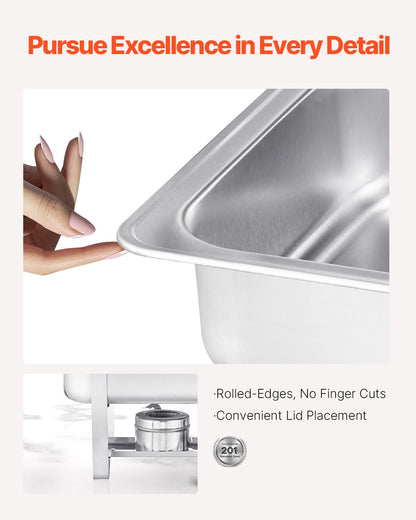 Varmdiskbufféset, 8 liter, 4-pack, rostfritt stålvärmare med 4 fullstora stekpannor, rektangulär cateringvärmare med lock, vattenkastrullställ, bränslehållare, för bröllop, fester, banketter, silver