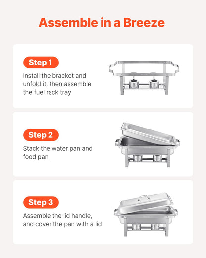 Varmdiskbufféset, 8 liter, 4-pack, rostfritt stålvärmare med 4 fullstora stekpannor, rektangulär cateringvärmare med lock, vattenkastrullställ, bränslehållare, för bröllop, fester, banketter, silver