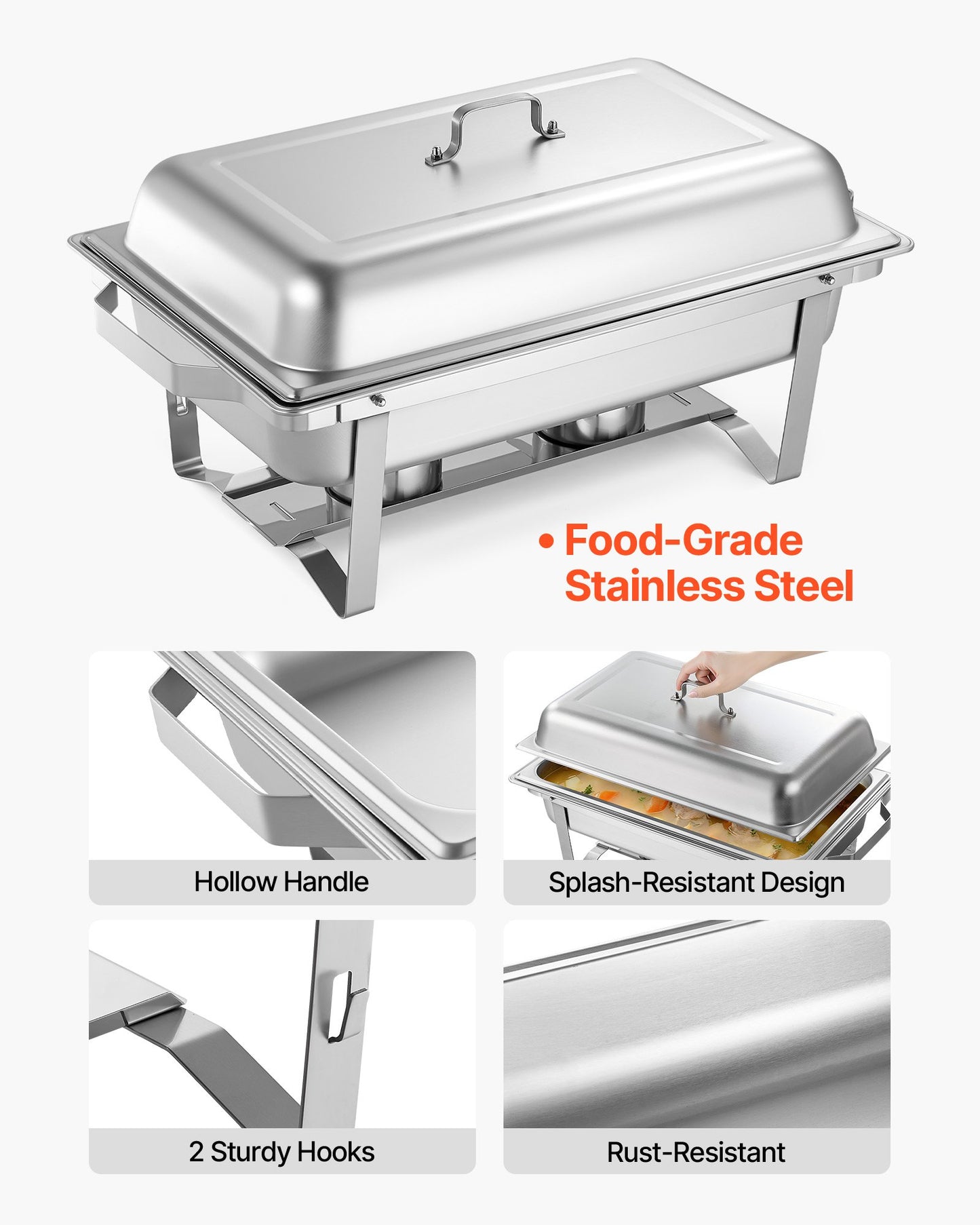 Rectangle Chafing Dish, 9.91L 4 Pack Stainless Steel Chafing Dish, Food Warmer Chafer Complete Set with Hollow Handle, 2 Food Tongs, Lid, Fuel Holder, Chafer Dishes for Banquet Party Wedding