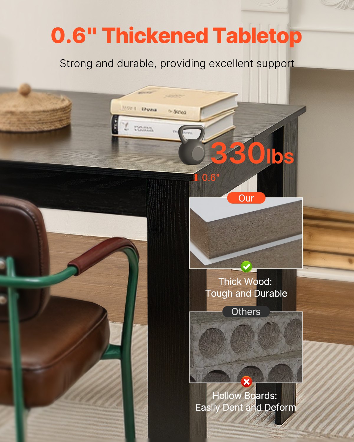 Rektangulärt matbord, 63 tum långt stort träbord för 4-6 personer, moderna middagsmöbler, konferensbord med stöd för 136 kg, för hemkök, vardagsrum, svart (endast bord)