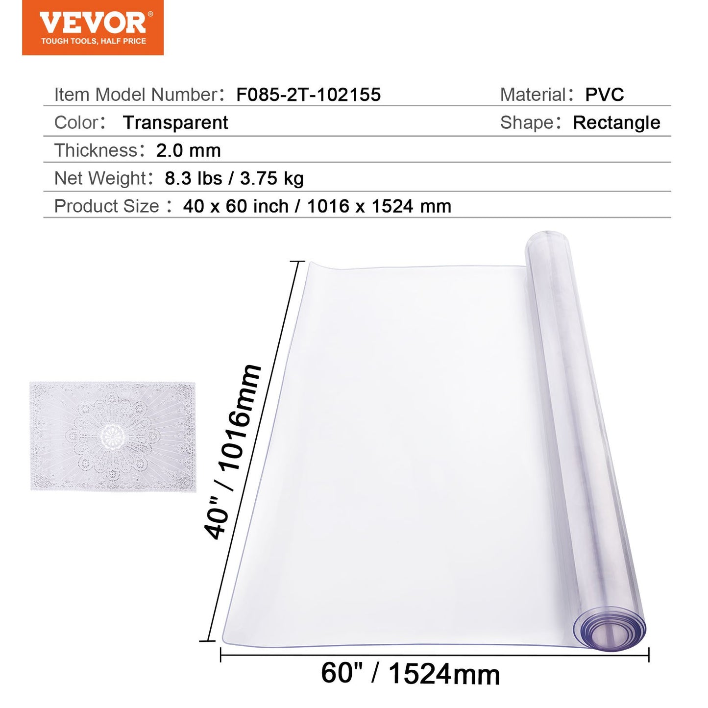 Plastbordsskydd, 40 x 60 tum 2,0 mm tjockt genomskinligt bordsskydd, rektangulär PVC-skrivbordsmatta, vattentät och lättrengörande skrivbordsunderlägg, för kontorsbyrå, matbord, nattduksbord