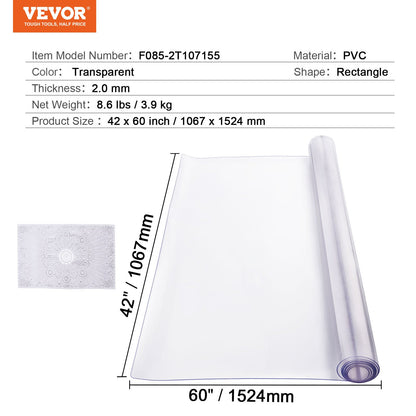 Plastbordsskydd, 42 x 60 tum 2,0 mm tjockt genomskinligt bordsskydd, rektangulär PVC-skrivbordsmatta, vattentät och lättrengörande skrivbordsunderlägg, för kontorsbyrå, matbord, nattduksbord