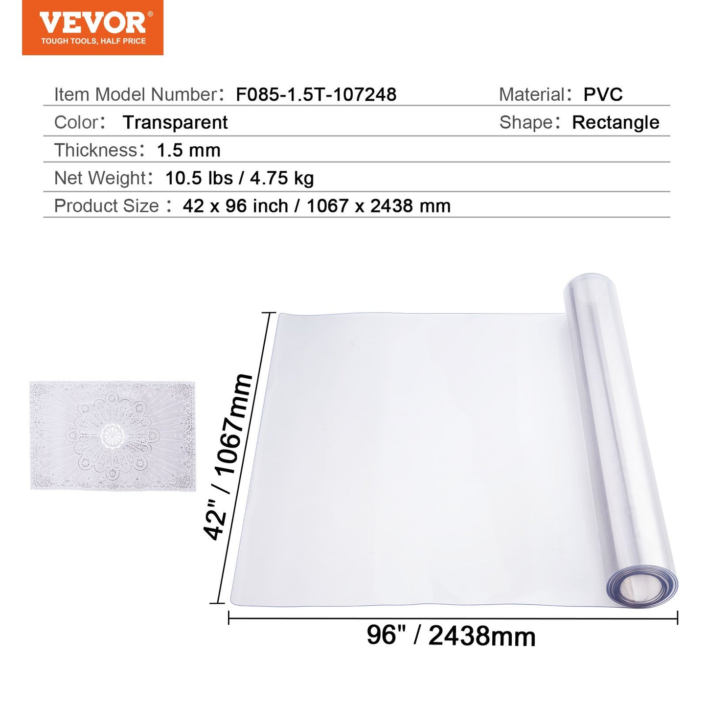 Plastbordsskydd, 42 x 96 tum 1,5 mm tjockt genomskinligt bordsskydd, rektangulär PVC-skrivbordsmatta, vattentät och lättrengörande skrivbordsunderlägg, för kontorsbyrå, matbord, nattduksbord