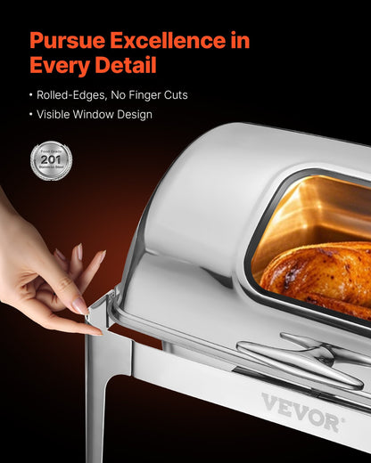 Komplett set med roll top-värmare för buffé, 9 qt 1-pack rostfritt stålvärmare med 2 halvstora kastruller, rektangulär cateringvärmare med synligt lock, vattenpanna, hopfällbart stativ, bränslehållare, silver
