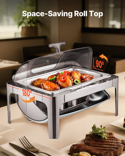Komplett set med roll top-värmare för buffé, 9 qt 1-pack rostfritt stålvärmare med 2 halvstora kastruller, rektangulär cateringvärmare med synligt lock, vattenpanna, hopfällbart stativ, bränslehållare, silver