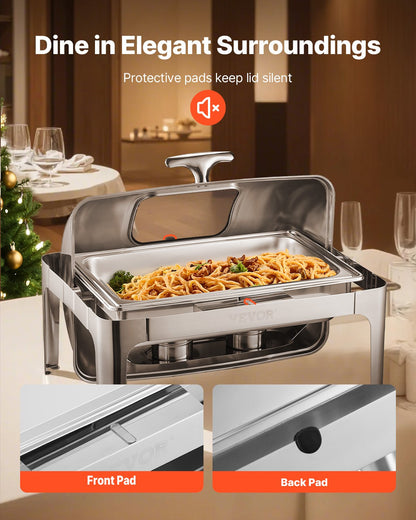 Komplett set med roll top-värmare för buffé, 9 qt 1-pack rostfritt stålvärmare med 2 halvstora kastruller, rektangulär cateringvärmare med synligt lock, vattenpanna, hopfällbart stativ, bränslehållare, silver