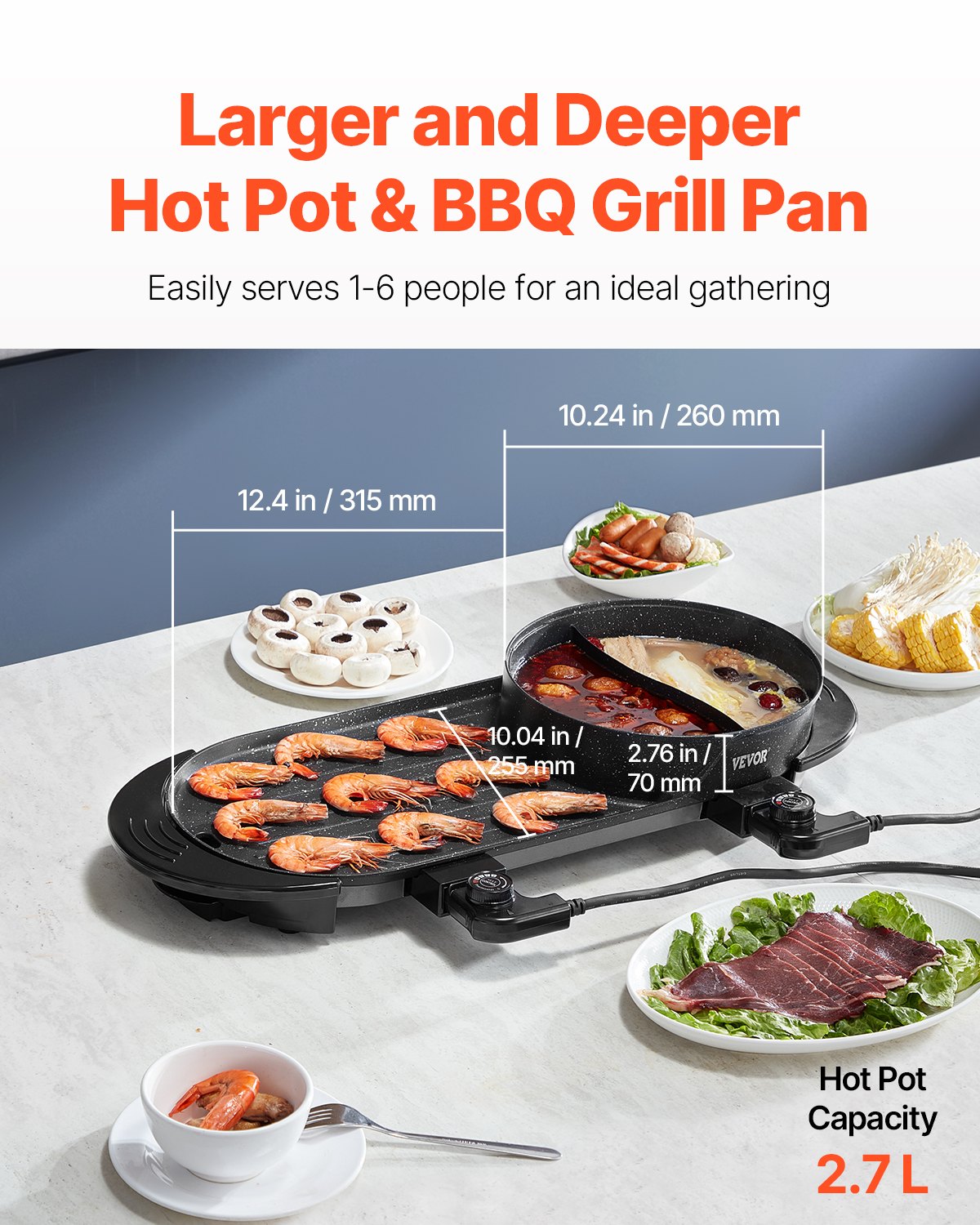 Varmgryta med grill, 2200W 2-i-1 elektrisk rökfri grill och varmgryta, koreansk BBQ Shabu Shabu-värmgryta med separat dubbel temperaturkontroll, non-stick-panna, för 1-6 personer familjemiddag