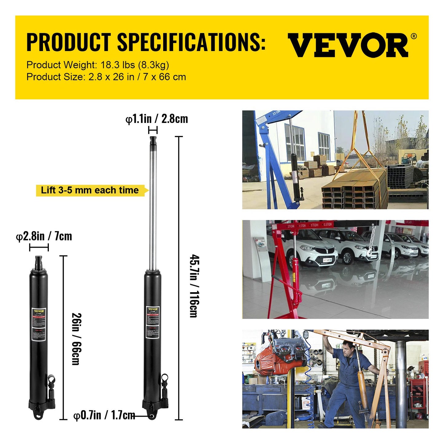 Hydraulisk domkraft med lång kolv, kapacitet 3 ton/6600 lbs, med enkelkolvspump och gaffelbas, manuell körsbärsplockare med handtag, för garage-/verkstadskranar, motorlyft, svart