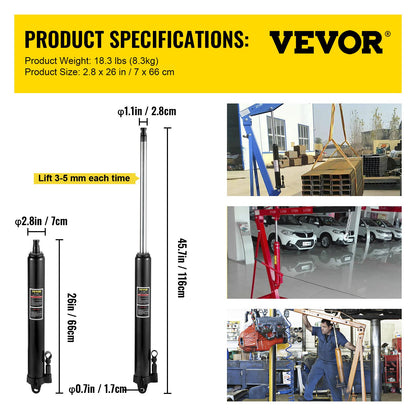 Hydraulisk domkraft med lång kolv, kapacitet 3 ton/6600 lbs, med enkelkolvspump och gaffelbas, manuell körsbärsplockare med handtag, för garage-/verkstadskranar, motorlyft, svart