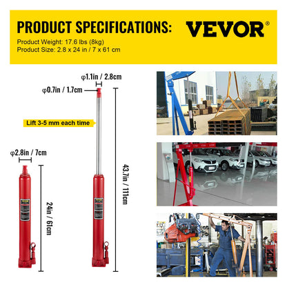Hydraulisk domkraft med lång kolv, kapacitet 4 ton/8818 lbs, med enkelkolvspump och platt bas, manuell körsbärsplockare med handtag, för garage-/verkstadskranar, motorlyft, röd