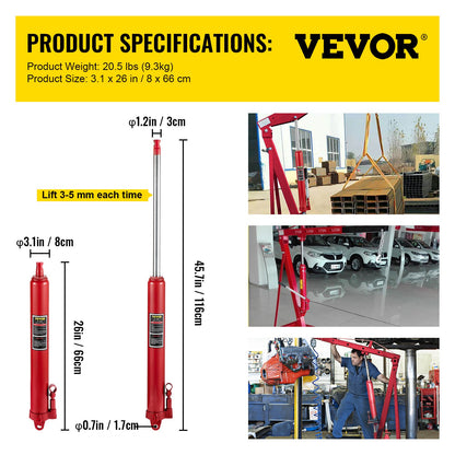 Hydraulisk domkraft med lång kolv, kapacitet 8 ton/17363 lbs, med enkelkolvspump och gaffelbas, manuell körsbärsplockare med handtag, för garage-/verkstadskranar, motorlyft, röd