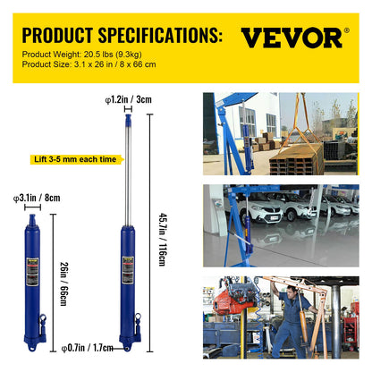 Hydraulisk domkraft med lång kolv, kapacitet på 8 ton/17363 lbs, med enkelkolvspump och gaffelbas, manuell körsbärsplockare med handtag, för garage-/verkstadskranar, motorlyft, blå