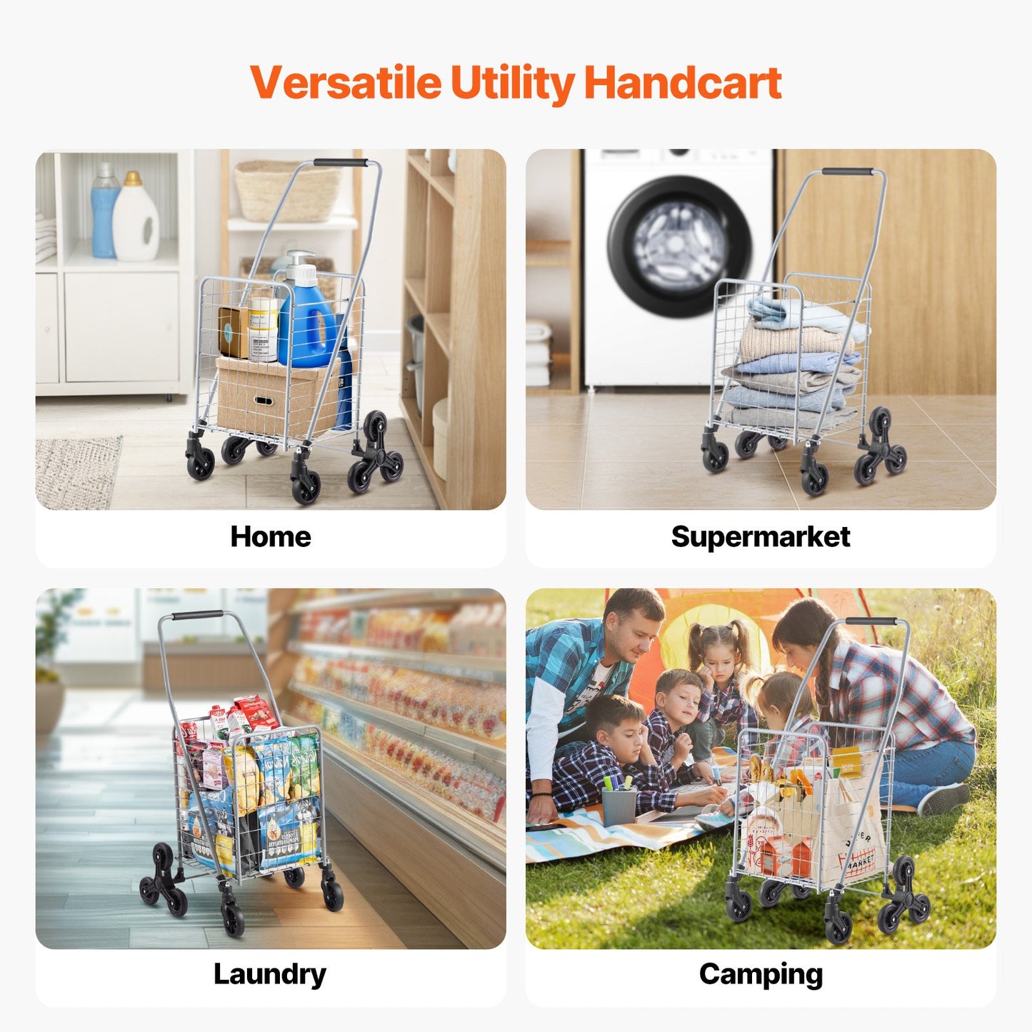 Livsmedelsvagn, 45L trappklättrande kundvagn med 360° rullande svänghjul, trappklättrande verktygsvagn med tre hjul, hopfällbar och lätt för tvättresor, silver