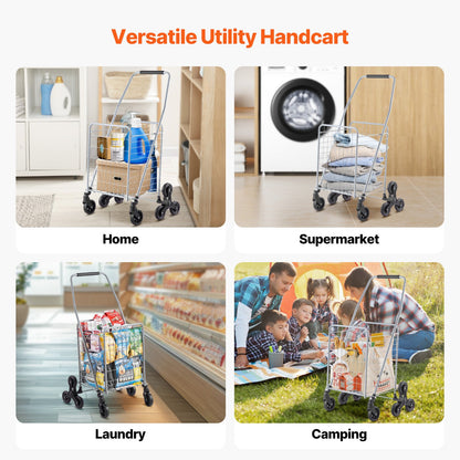 Livsmedelsvagn, 45L trappklättrande kundvagn med 360° rullande svänghjul, trappklättrande verktygsvagn med tre hjul, hopfällbar och lätt för tvättresor, silver