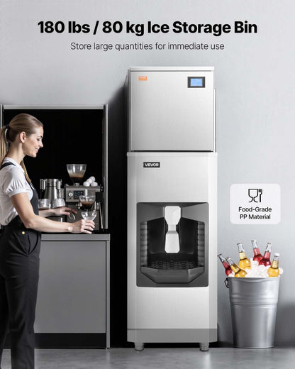 Kommersiell ismaskin, 440 lbs/dag ismaskin, 180 lbs stor isförvaringsbehållare med 20 lbs/min automatisk isdispensering, självrengörande ismaskin med pekskärm för bar, café, restaurang