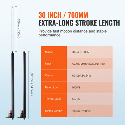 2 st 12V linjära aktuatorer 760 mm 9 mm/s 99,79 kg/1000N IP54-skydd