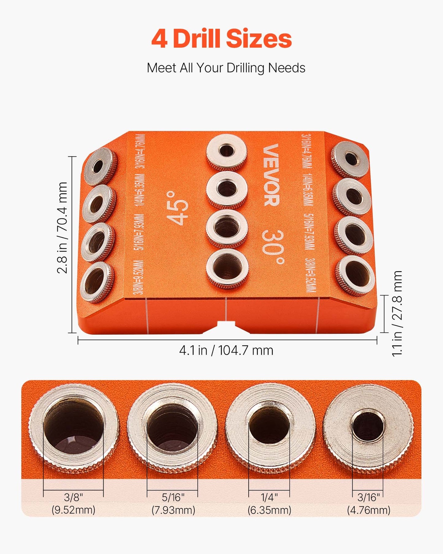 Borrguide, 30/45/90 graders vinkel, 4 storlekar, bärbar precisionsborrguidejigg, för borrning av vinklade eller horisontella hål, aluminiumlegering, för däckkabelräcke, trästolpe, trappledstång