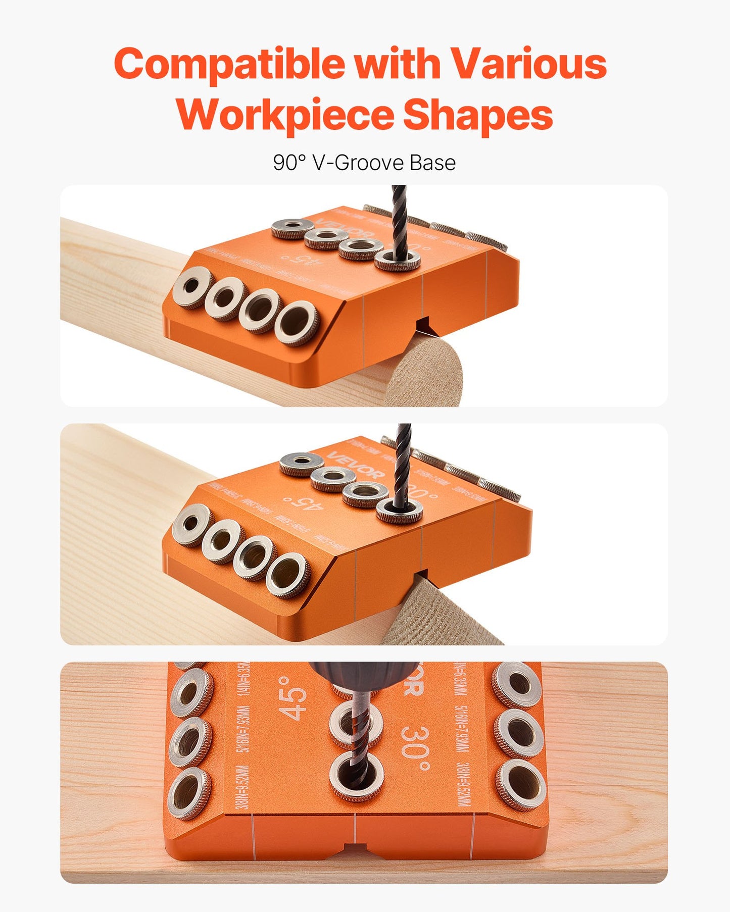 Borrguide, 30/45/90 graders vinkel, 4 storlekar, bärbar precisionsborrguidejigg, för borrning av vinklade eller horisontella hål, aluminiumlegering, för däckkabelräcke, trästolpe, trappledstång