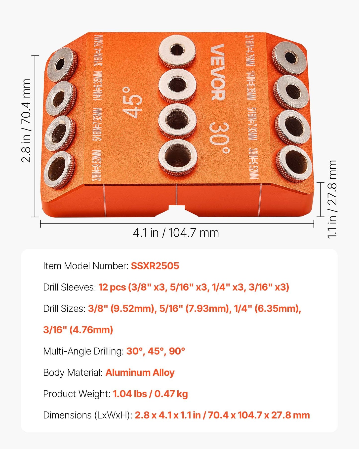 Borrguide, 30/45/90 graders vinkel, 4 storlekar, bärbar precisionsborrguidejigg, för borrning av vinklade eller horisontella hål, aluminiumlegering, för däckkabelräcke, trästolpe, trappledstång