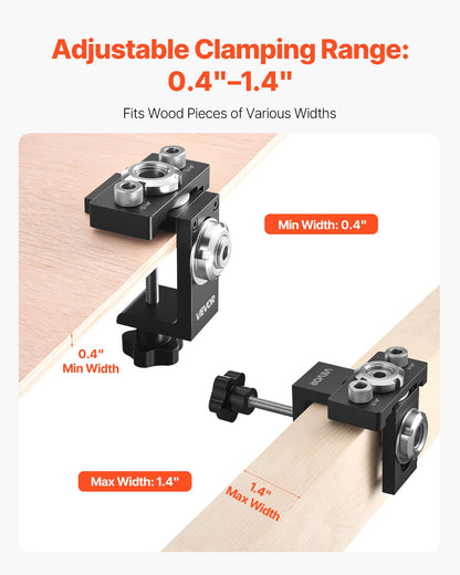 Dymlingsjiggsats, självcentrerande dymlingsborrjigg för raka hål, träbearbetningsverktyg i aluminiumlegering med borr i storlek 3, 6,4 / 7,9 / 15 mm, justerbar bredd, för träbearbetning