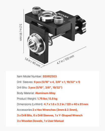 Dymlingsjiggsats, självcentrerande dymlingsborrjigg för raka hål, träbearbetningsverktyg i aluminiumlegering med borr i storlek 3, 6,4 / 7,9 / 15 mm, justerbar bredd, för träbearbetning