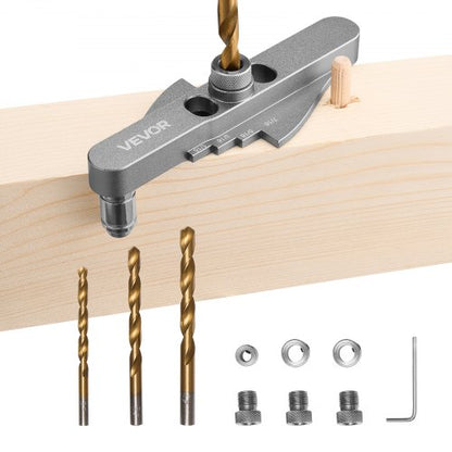 Dymlingsjiggsats, självcentrerande dymlingsborrjigg för raka hål, med borrsats 6,4 / 7,9 / 9,5 mm och borrstopphylsa, träbearbetningsverktyg i aluminiumlegering för borrning, märkning