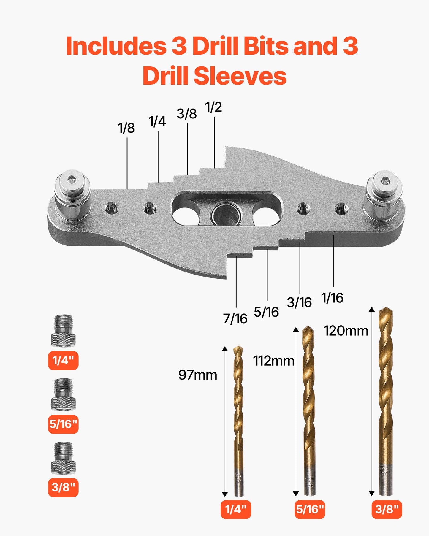 Dymlingsjiggsats, självcentrerande dymlingsborrjigg för raka hål, med borrsats 6,4 / 7,9 / 9,5 mm och borrstopphylsa, träbearbetningsverktyg i aluminiumlegering för borrning, märkning