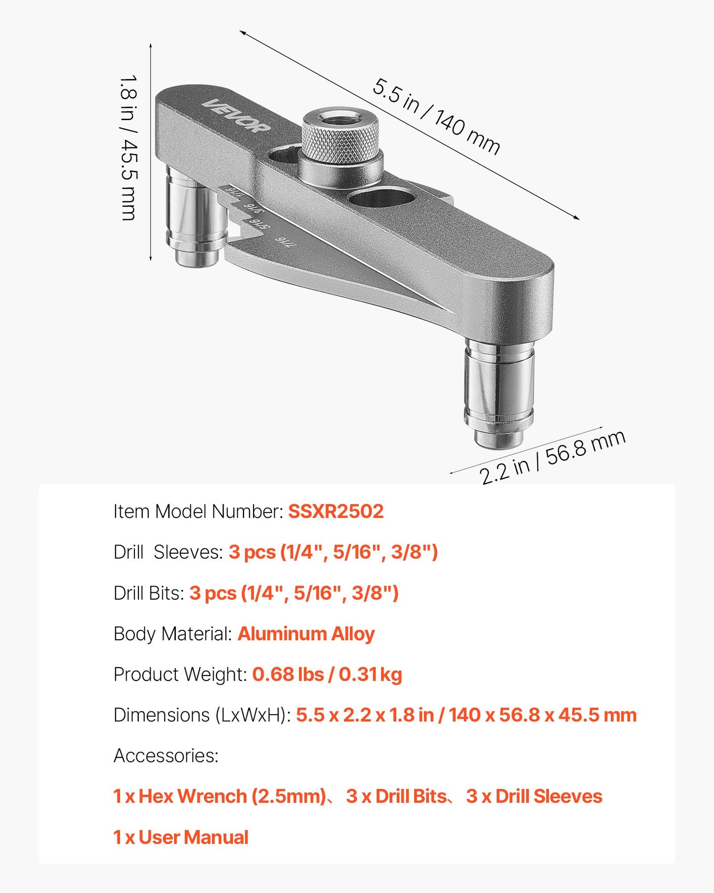 Dymlingsjiggsats, självcentrerande dymlingsborrjigg för raka hål, med borrsats 6,4 / 7,9 / 9,5 mm och borrstopphylsa, träbearbetningsverktyg i aluminiumlegering för borrning, märkning