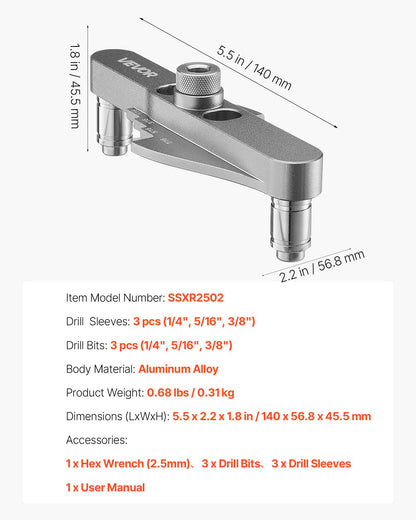 Dymlingsjiggsats, självcentrerande dymlingsborrjigg för raka hål, med borrsats 6,4 / 7,9 / 9,5 mm och borrstopphylsa, träbearbetningsverktyg i aluminiumlegering för borrning, märkning