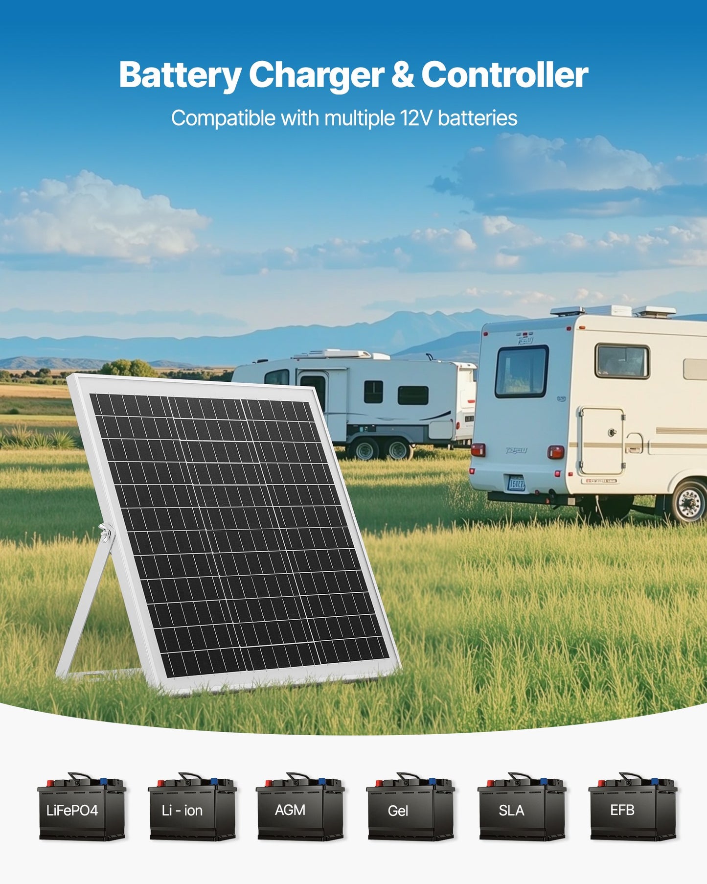20W 12V solpanelsbatteriladdare, solcellsbatteriunderhållsladdare med intelligent MPPT-kontroller och justerbart monteringsfäste, IP67 vattentät för bil, båt, husbil, motorcykel, släpvagn