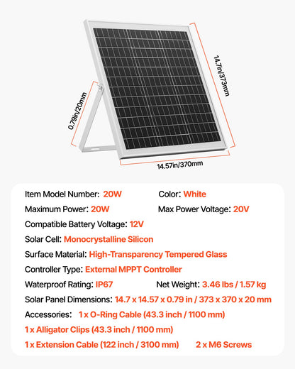 20W 12V solpanelsbatteriladdare, solcellsbatteriunderhållsladdare med intelligent MPPT-kontroller och justerbart monteringsfäste, IP67 vattentät för bil, båt, husbil, motorcykel, släpvagn
