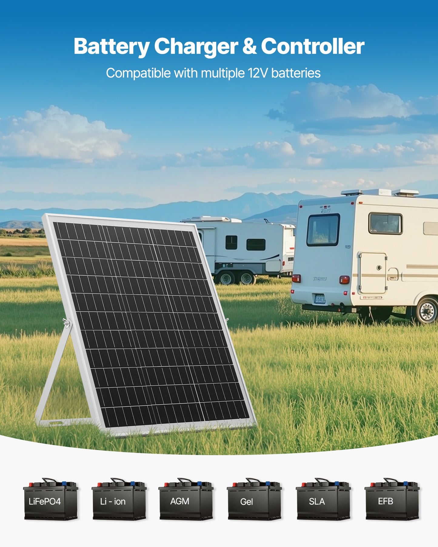25W 12V solpanelsbatteriladdare, solcellsbatteriunderhållsladdare med intelligent MPPT-kontroller och justerbart monteringsfäste, IP67 vattentät för bil, båt, husbil, motorcykel, släpvagn