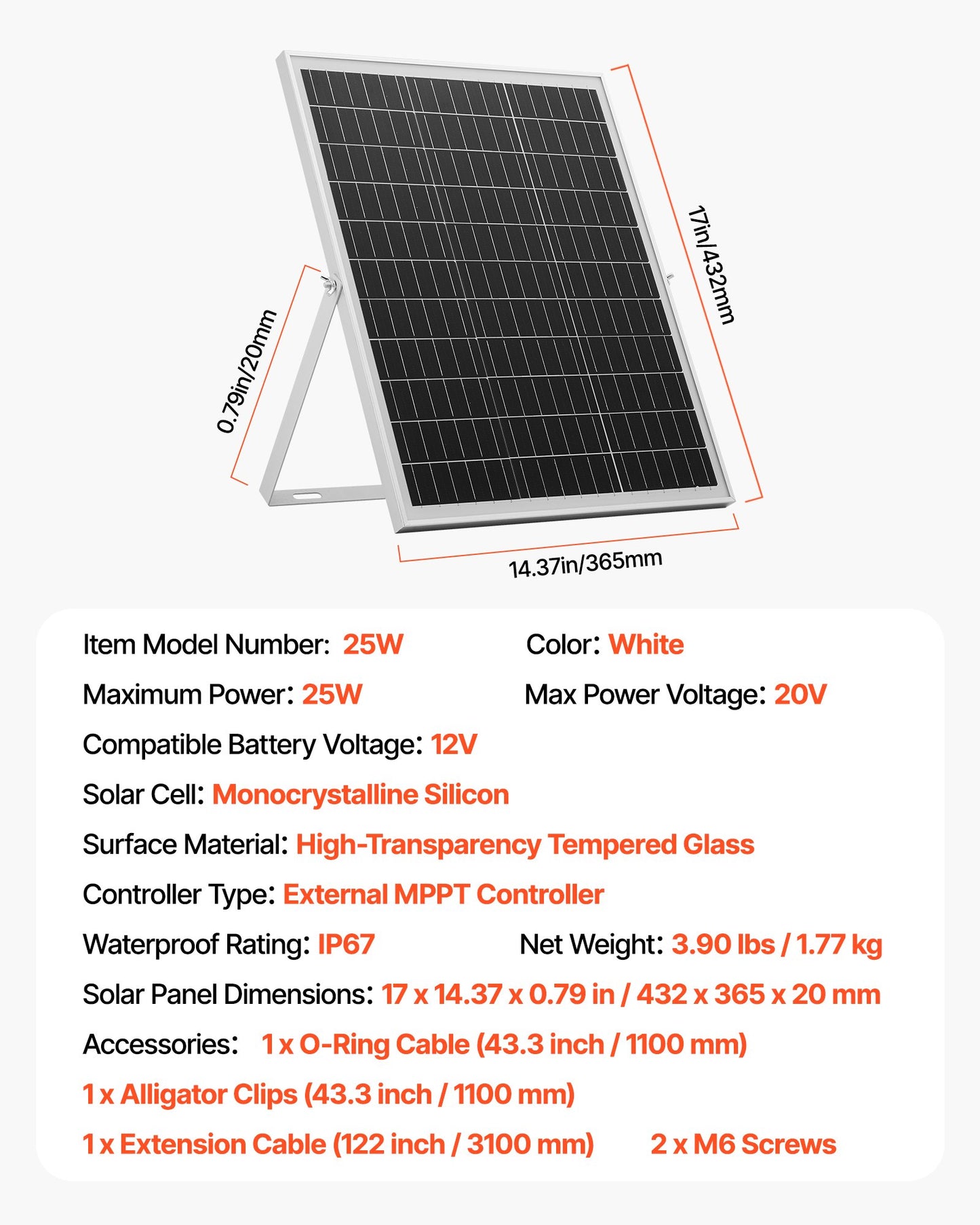 25W 12V solpanelsbatteriladdare, solcellsbatteriunderhållsladdare med intelligent MPPT-kontroller och justerbart monteringsfäste, IP67 vattentät för bil, båt, husbil, motorcykel, släpvagn