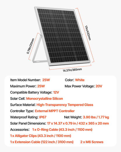 25W 12V solpanelsbatteriladdare, solcellsbatteriunderhållsladdare med intelligent MPPT-kontroller och justerbart monteringsfäste, IP67 vattentät för bil, båt, husbil, motorcykel, släpvagn