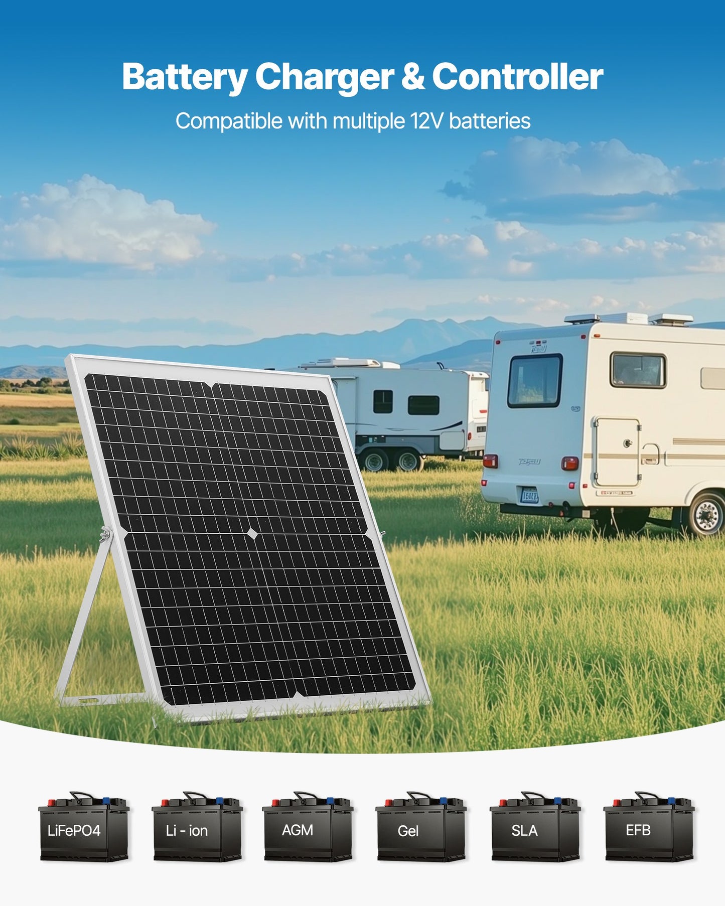 30W 12V solpanelsbatteriladdare, solcellsbatteriunderhållsladdare med intelligent MPPT-kontroller och justerbart monteringsfäste, IP67 vattentät för bil, båt, husbil, motorcykel, släpvagn