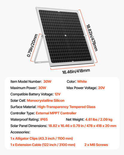 30W 12V solpanelsbatteriladdare, solcellsbatteriunderhållsladdare med intelligent MPPT-kontroller och justerbart monteringsfäste, IP67 vattentät för bil, båt, husbil, motorcykel, släpvagn