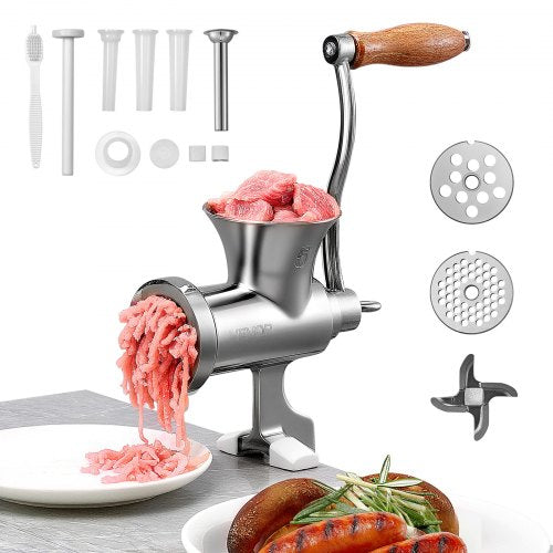 Manuell köttkvarn, köttkvarn i 304 rostfritt stål med handvev och stålbordsklämma, korvfyllare med 2 skärplattor och 4 korvrör, matkvarn för nötkött, chili, fläskkött, köksbord