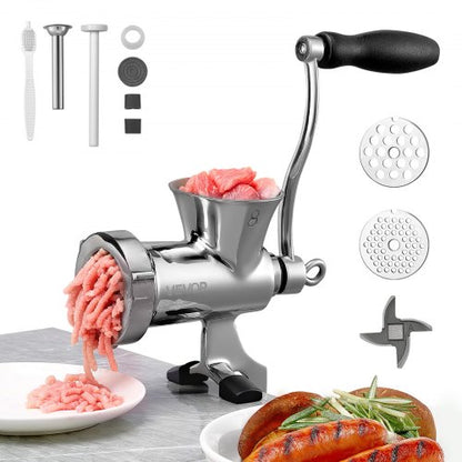 Manuell köttkvarn, köttkvarn i 304 rostfritt stål med handvev och stålbordsklämma, korvfyllare med 2 skärplattor och korvrör, matkvarn för nötkött, chili, fläskkött, köksbord